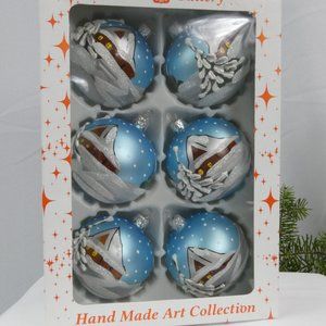Winter Village Hand Decorated Christmas Ornament 3" Blown Glass Ball**SET OF 6**